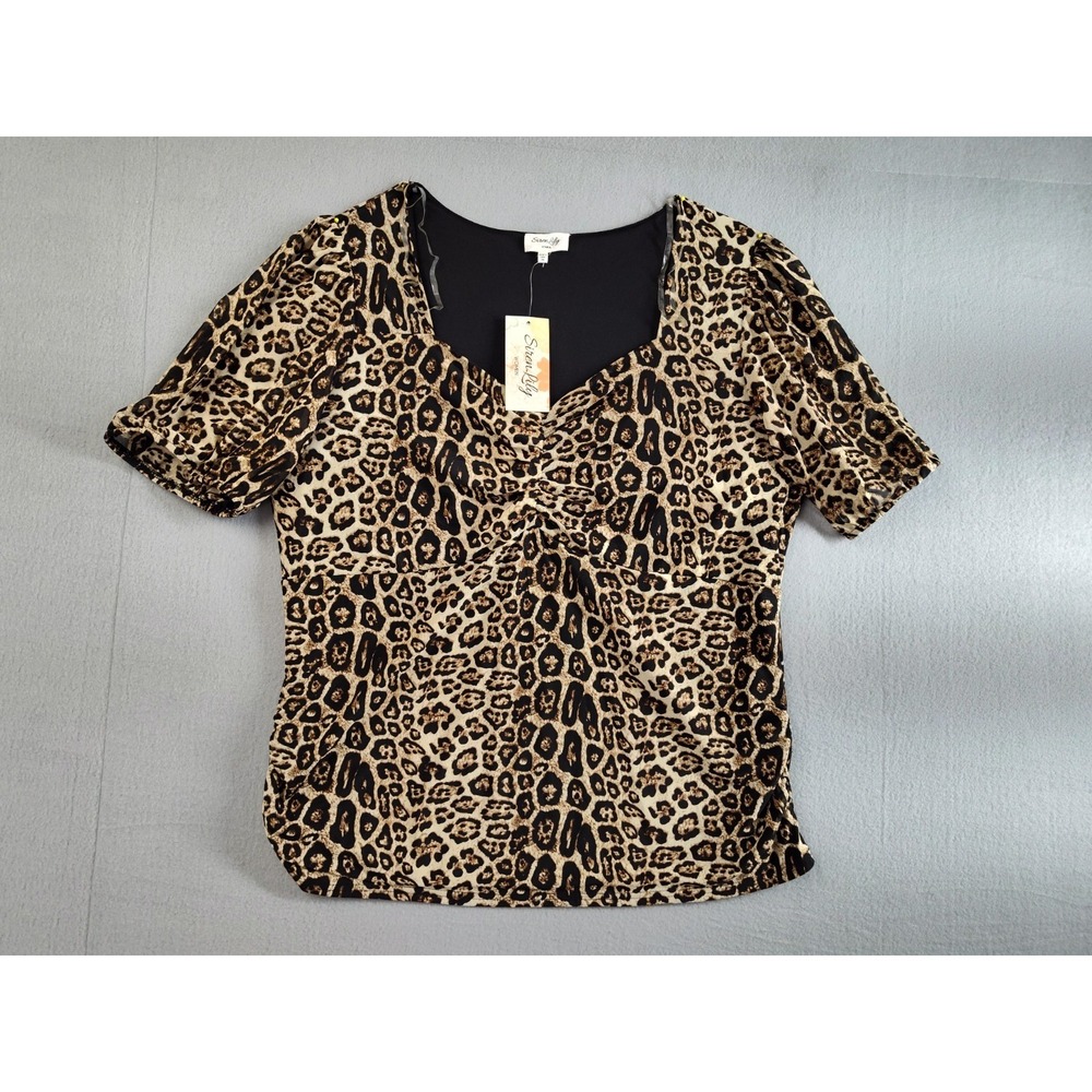 Siren Lily Women Blouse Top‎ 2XL Leopard Print Short Sleeve Square Neck Ruched